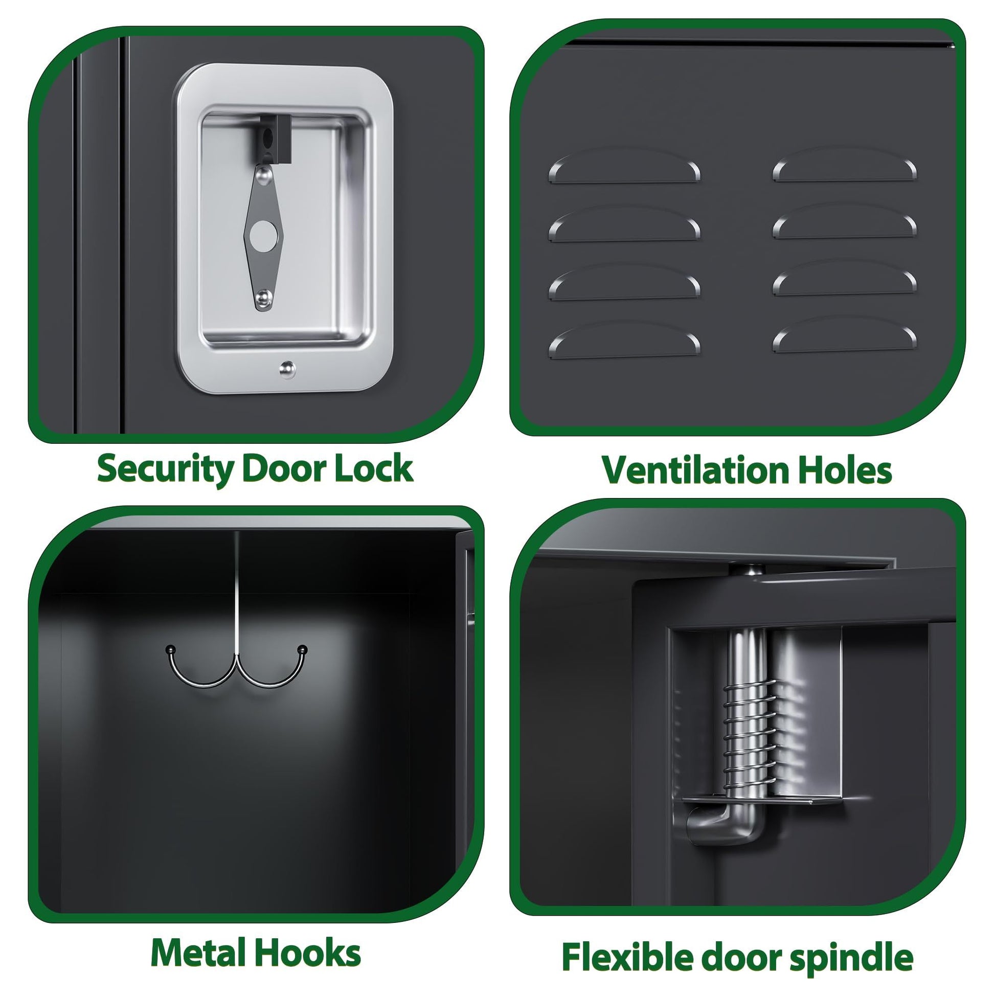 Close-up features of metal storage locker with doors including security door lock ventilation holes metal hooks and flexible door spindle
