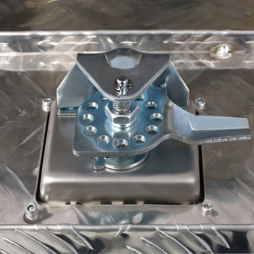 Close-up metal latch lock on 24 inch aluminum truck tool box by Shopi Vella