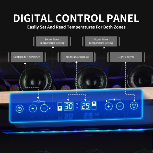 Digital control panel of 24 inch dual zone wine refrigerator with temperature settings and light control