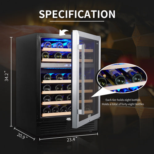 Shopi Vella 24 inch dual zone wine refrigerator with glass door showing multiple wine bottles inside