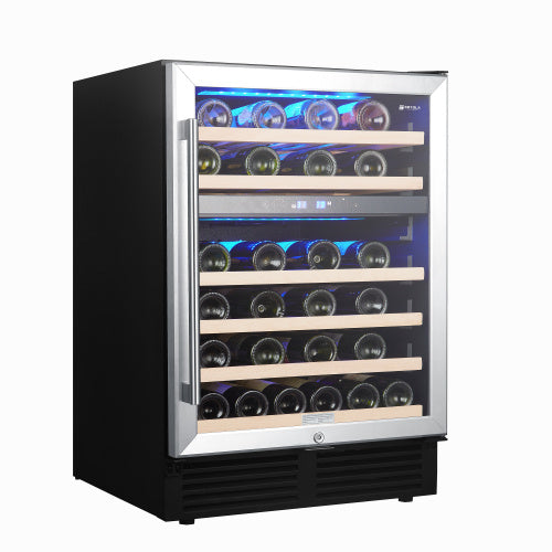 Shopi Vella 24 inch dual zone wine refrigerator with wooden shelves and blue interior lighting