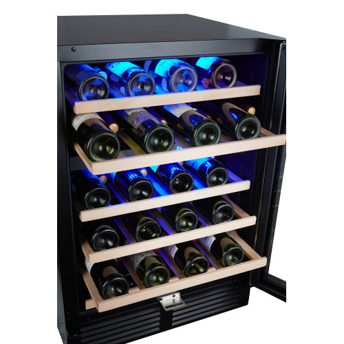 Shopi Vella 24 inch dual zone wine refrigerator with wooden shelves and blue interior lighting storing wine bottles