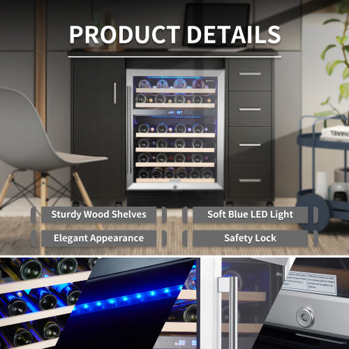 Shopi Vella 24 inch dual zone wine refrigerator with sturdy wood shelves and soft blue LED light