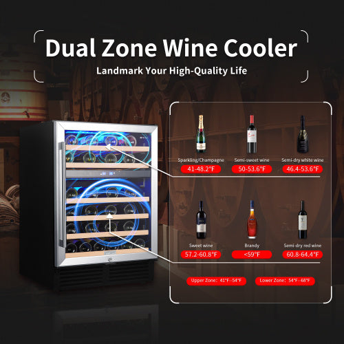 Shopi Vella 24 inch dual zone wine refrigerator with temperature settings for different wine types