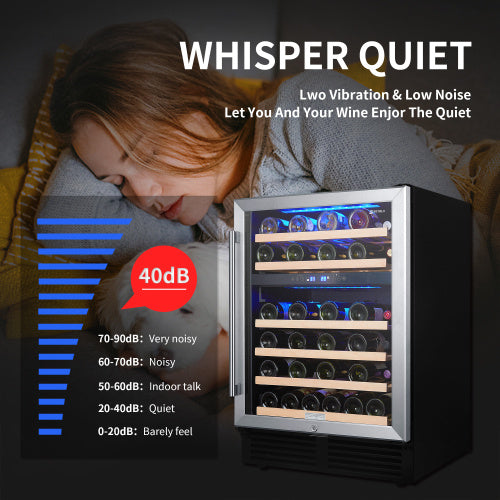 Shopi Vella 24 inch dual zone wine refrigerator with whisper quiet operation and blue interior lighting