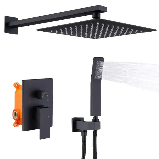 Matte black rainfall shower system with square shower head and handheld spray from My Store