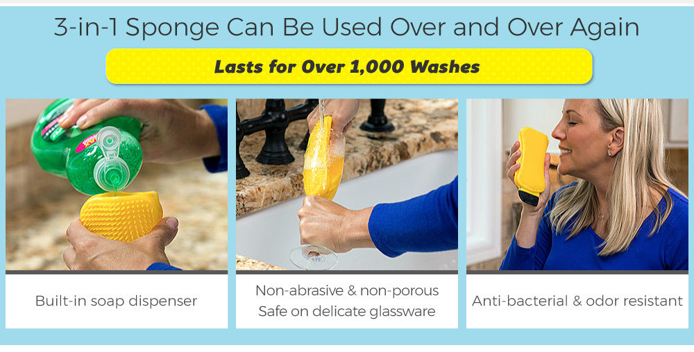 Shopi Vella 3-in-1 cleaning sponge with built-in soap dispenser, safe for glassware, and antibacterial odor resistant