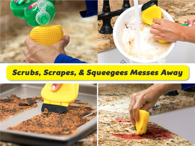 Shopi Vella 3-in-1 cleaning sponge scrubbing, scraping, and squeegeeing kitchen messes effectively