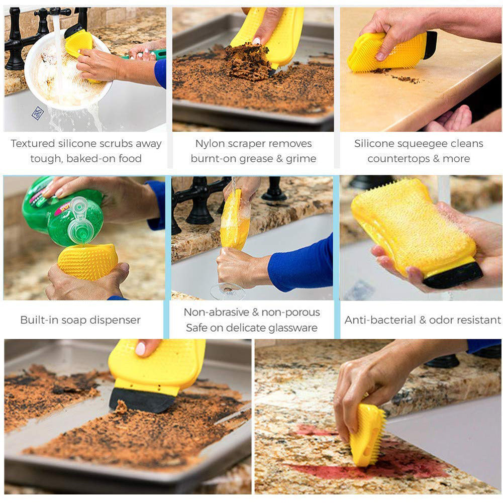 Shopi Vella 3-in-1 cleaning sponge with silicone scrub, nylon scraper, and soap dispenser for kitchen cleaning