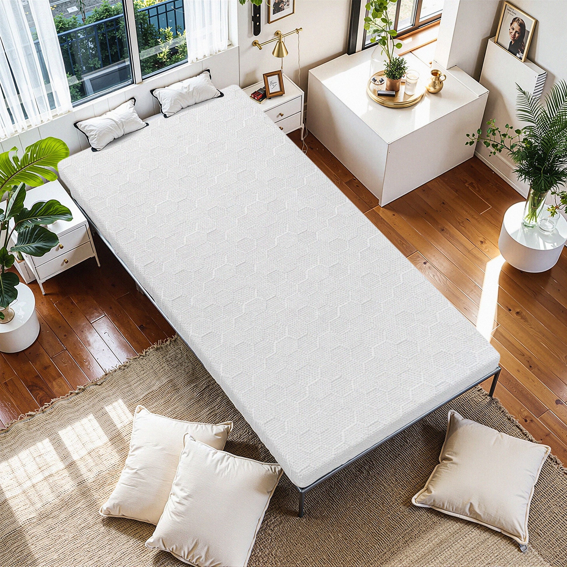 Shopi Vella 3-inch memory foam mattress topper on king size bed in bright bedroom with pillows