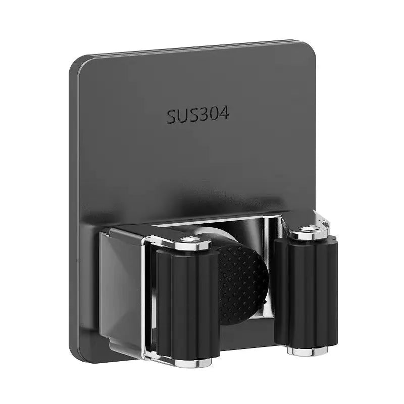 Compact 304 stainless steel mop holder with black rubber grips for secure wall mounting