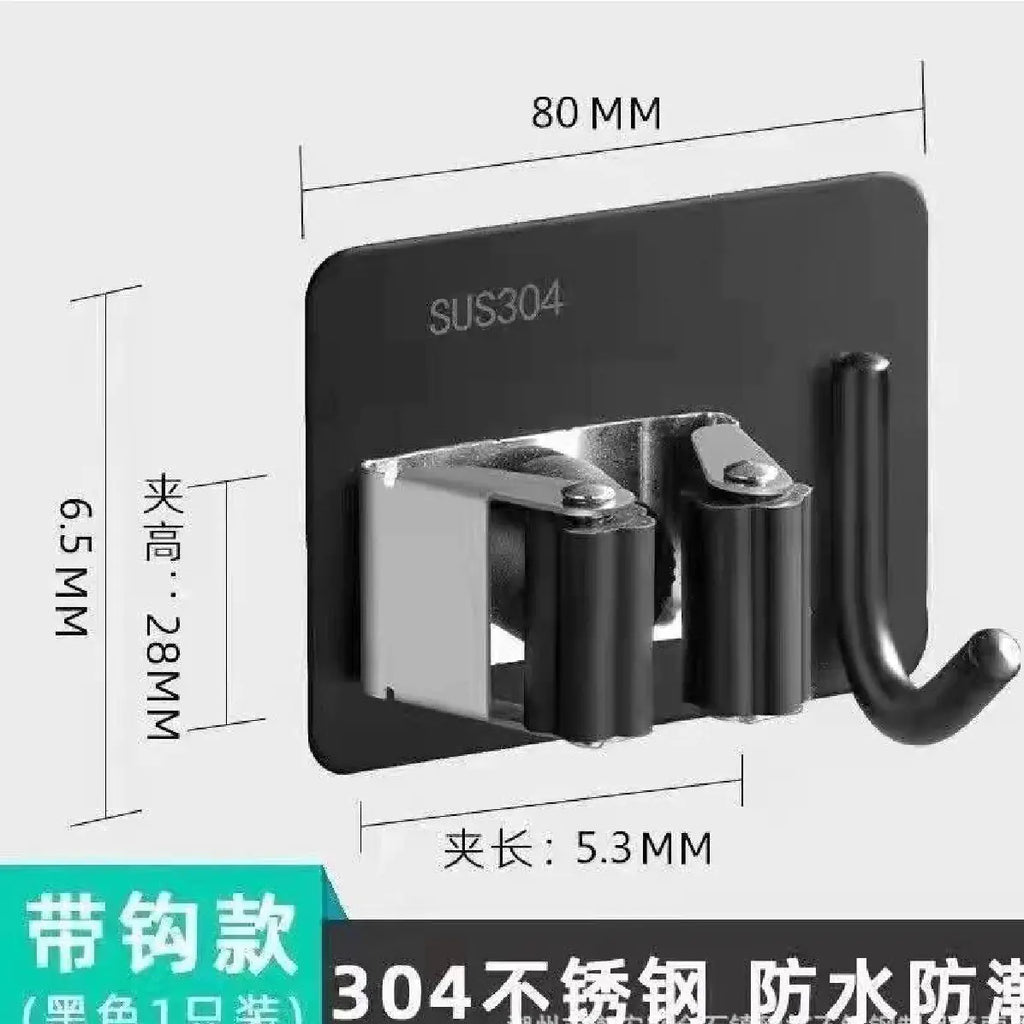 304 stainless steel mop holder with black grip and hook measuring 80 mm by 65 mm