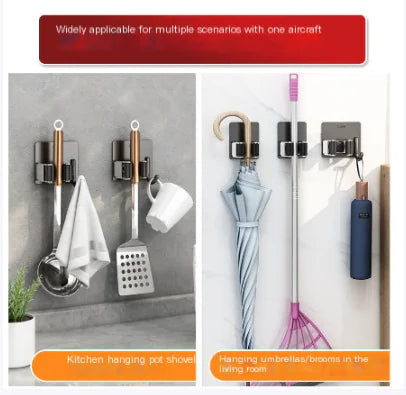 304 stainless steel mop holder mounted on wall holding kitchen utensils and umbrella