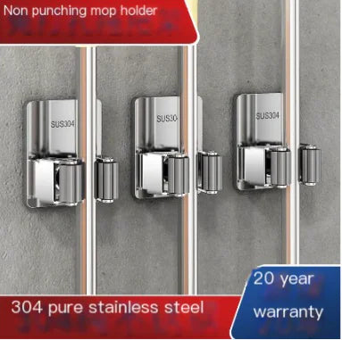 304 stainless steel mop holder mounted on wall holding mop handles with 20 year warranty