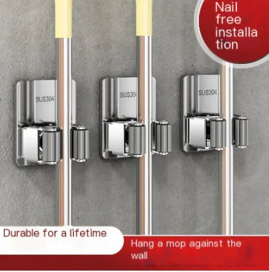304 stainless steel mop holder mounted on wall holding mop handles with durable nail-free installation