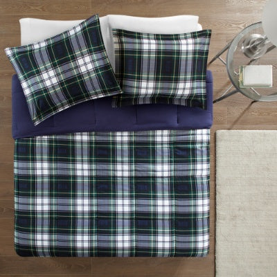 Shopi Vella Scotchgard comforter set with black white and green plaid design and matching pillow shams