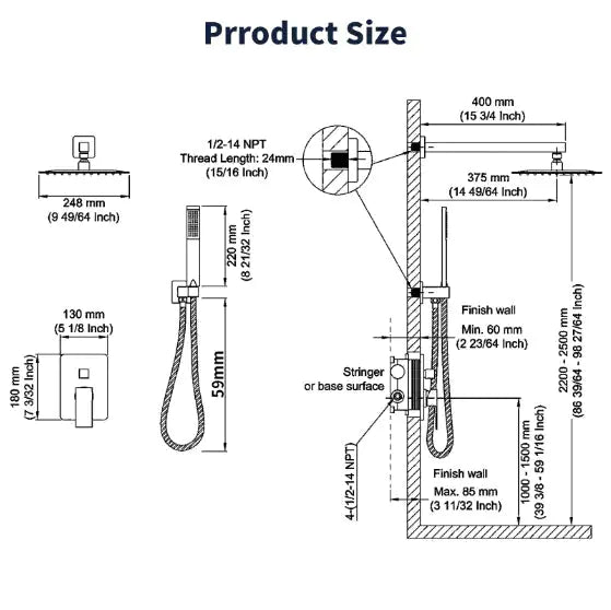 Technical drawing with measurements of matte black rainfall shower system components and installation details