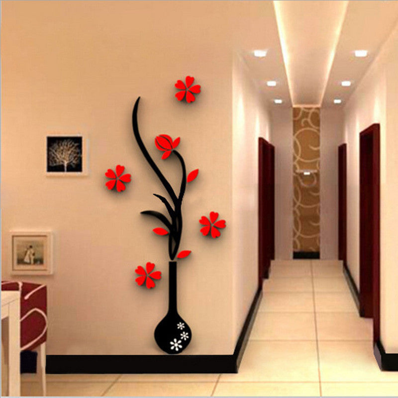 Shopi Vella 3D acrylic vase wall sticker with black vase and red flowers decorating a beige hallway wall