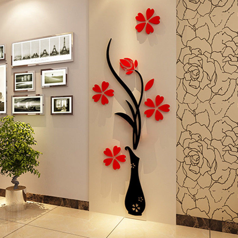 Shopi Vella home storage 3D acrylic vase wall sticker with black vase and red flowers on beige wall