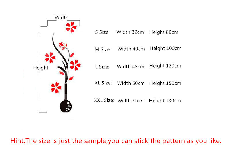 Shopi Vella 3D acrylic vase wall sticker size chart showing dimensions from small to XXL