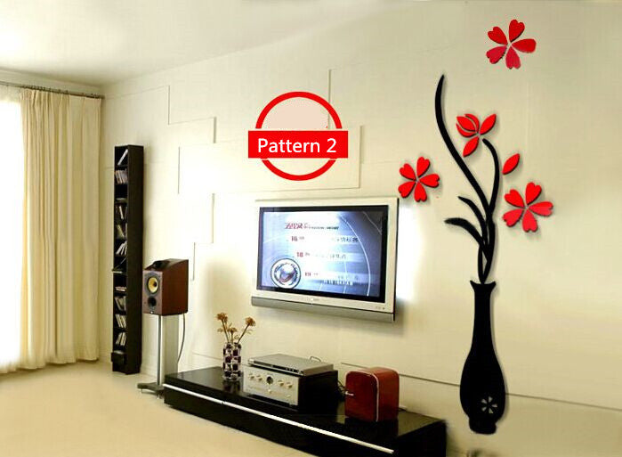 Shopi Vella 3D acrylic vase wall sticker in black with red flowers decorating a modern living room wall