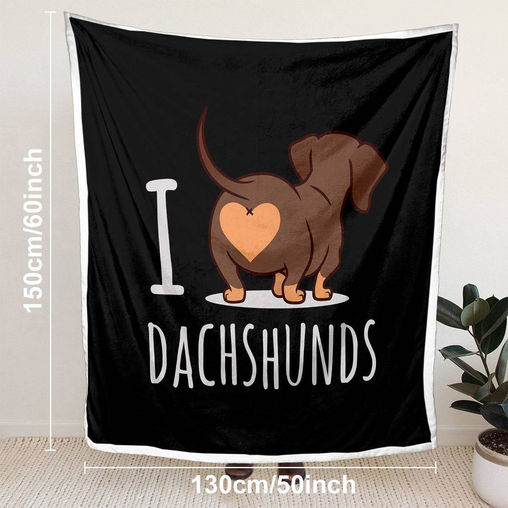 Shopi Vella 3D printed dog blanket with I love dachshunds design on black bed throw