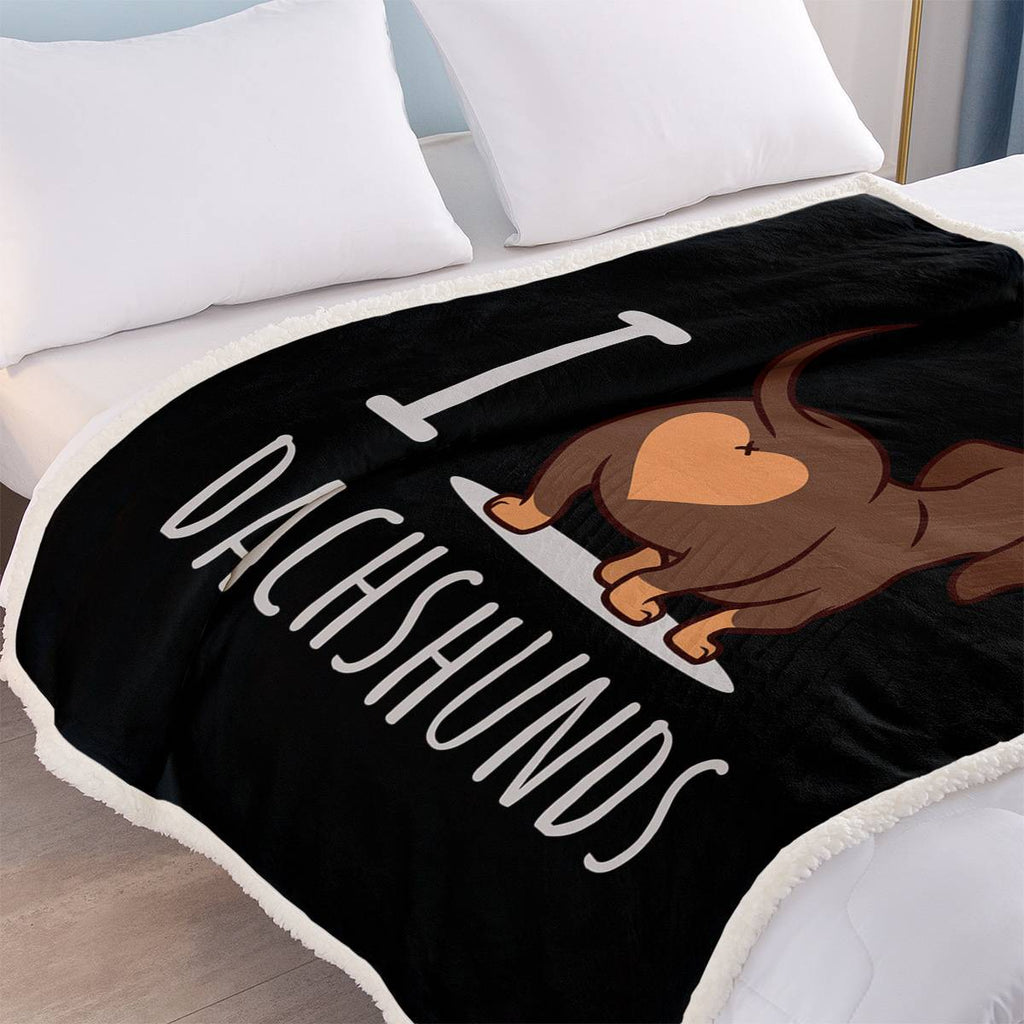 Shopi Vella bed with 3D printed dog blanket featuring a dachshund design on black background