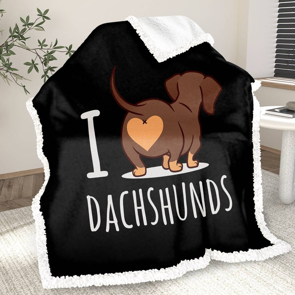 Shopi Vella 3D printed dog blanket with I love dachshunds design and soft white trim