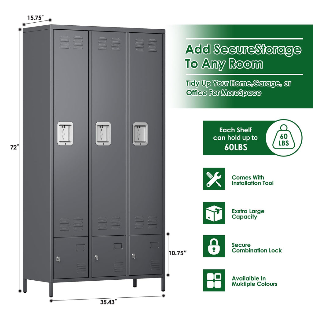 Shopi Vella metal storage locker with doors in dark gray with three compartments and secure combination locks