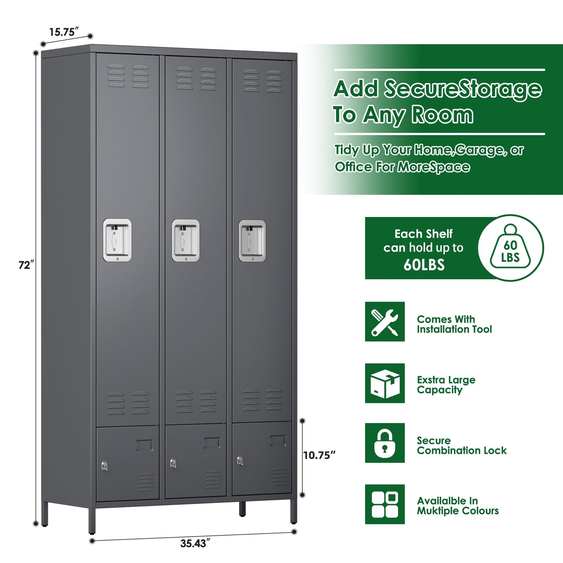 Shopi Vella metal storage locker with doors in dark gray with three compartments and secure combination locks