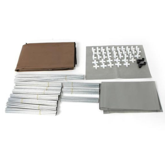 Unassembled parts of Shopi Vella 4 layer non woven wardrobe including metal rods, connectors, and fabric covers