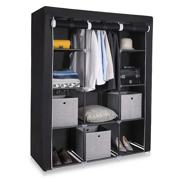Shopi Vella 4 layer storage wardrobe in black with hanging space and fabric storage bins