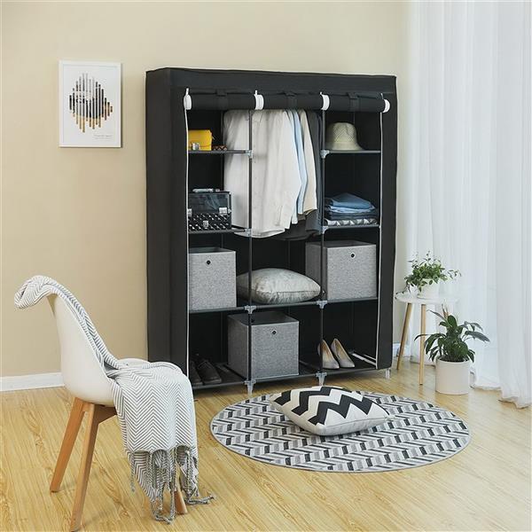 Shopi Vella black 4 layer storage wardrobe with shelves and hanging space in a modern room