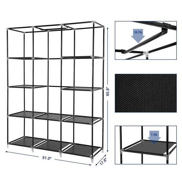 Shopi Vella 4 layer storage wardrobe with black shelves and metal frame, 51 inch wide and 65 inch tall