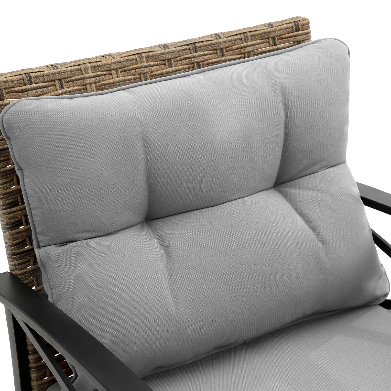 Close-up of gray cushioned backrest on Shopi Vella 4 piece patio sectional sofa set with woven rattan frame