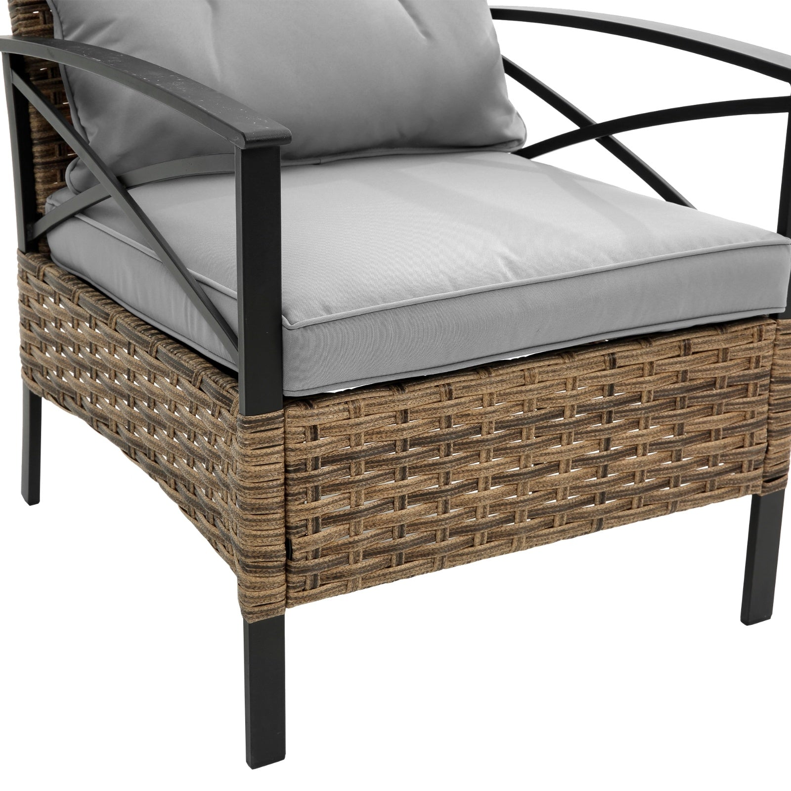 Close-up of wicker and metal armchair with gray cushions from 4 piece patio sectional sofa set by Shopi Vella