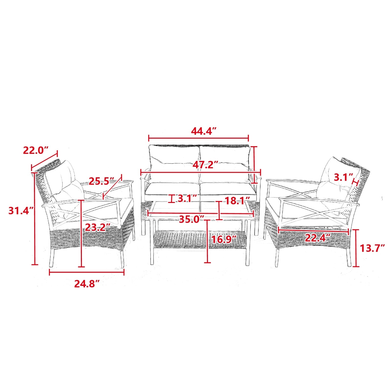 Detailed dimensions sketch of a 4 piece patio sectional sofa set with cushions and armrests
