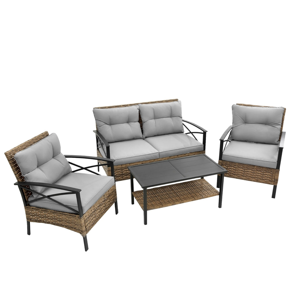 Shopi Vella 4 piece patio sectional sofa set with gray cushions and black metal frame