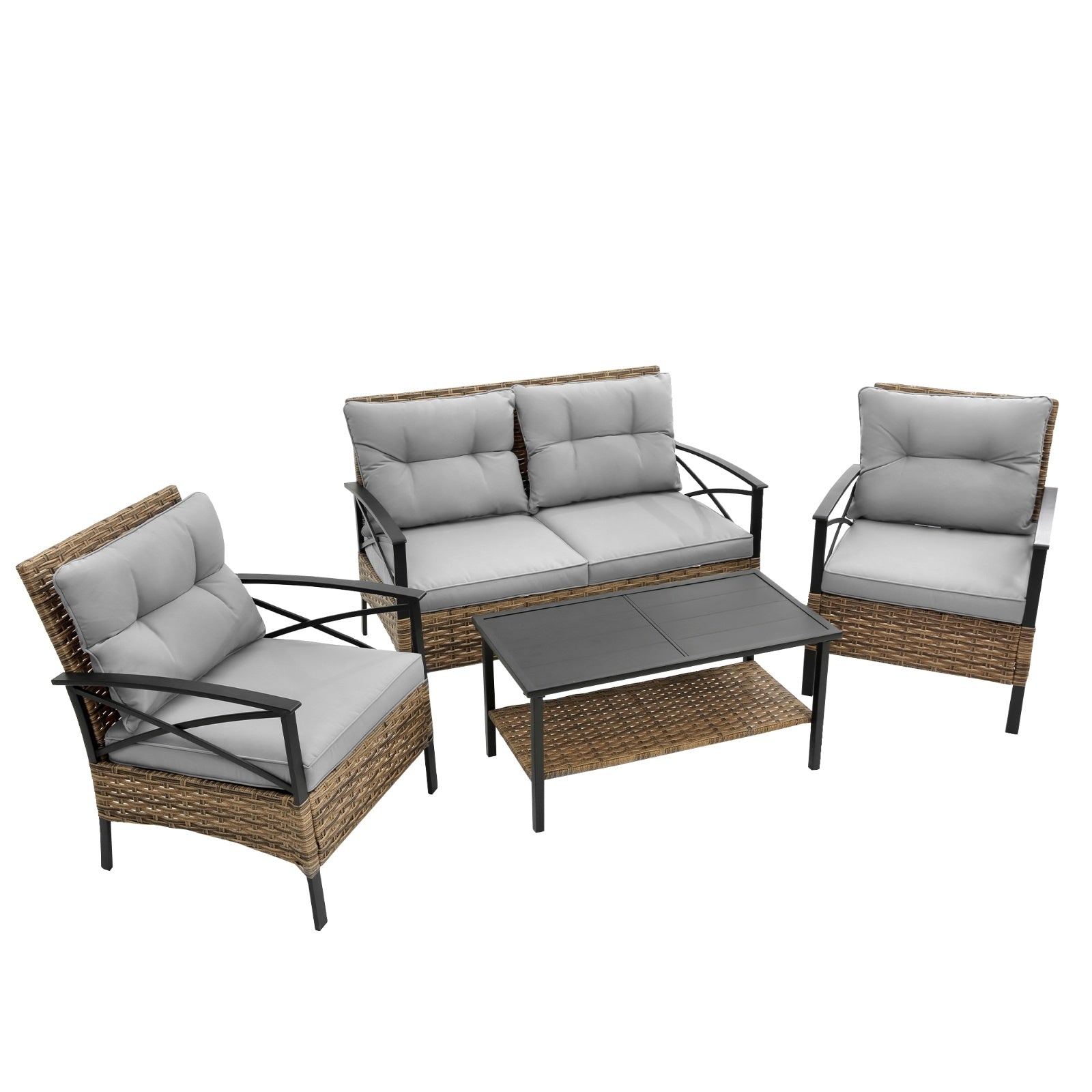Shopi Vella 4 piece patio sectional sofa set with gray cushions and black metal frame