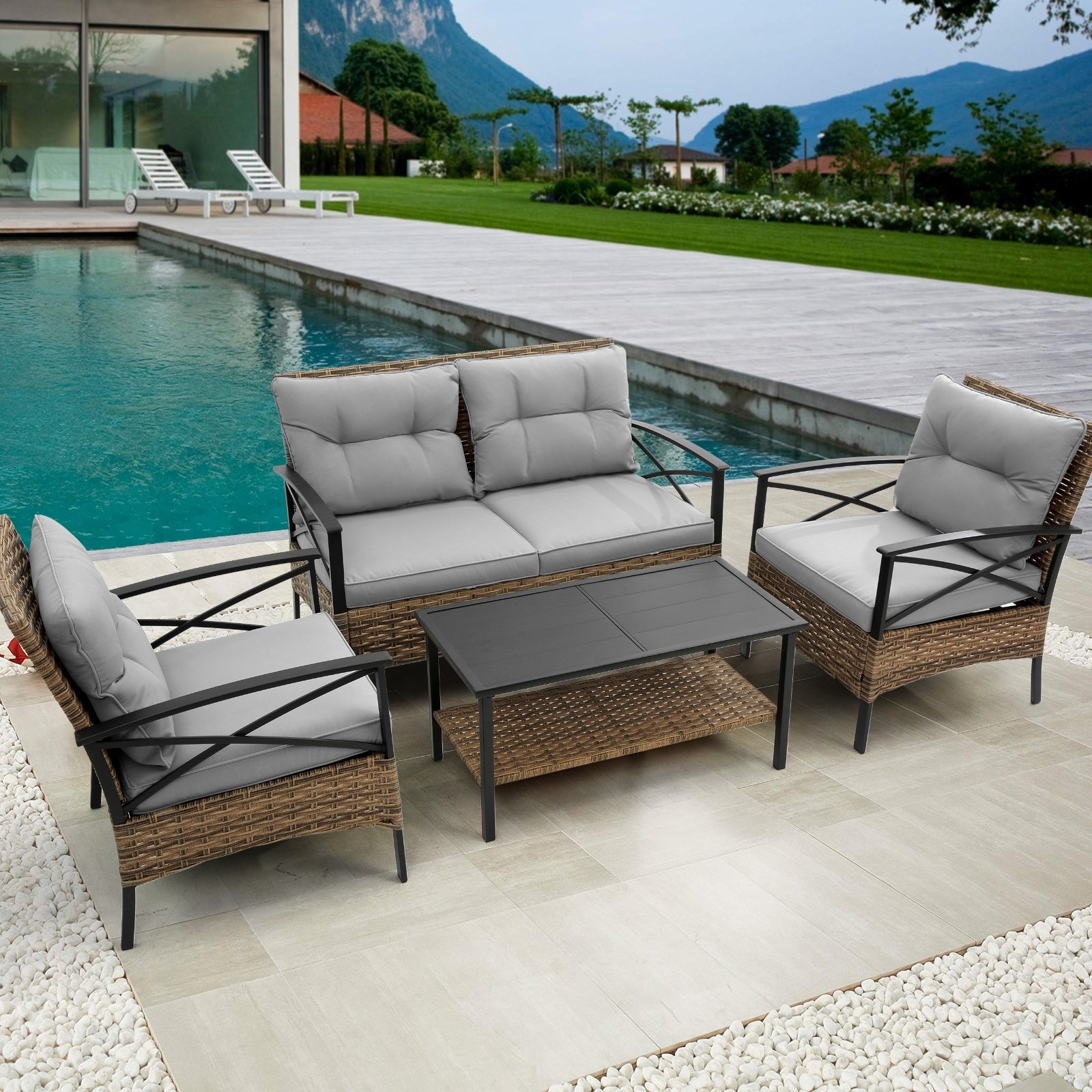 Shopi Vella 4 piece patio sectional sofa set with gray cushions by poolside on outdoor patio