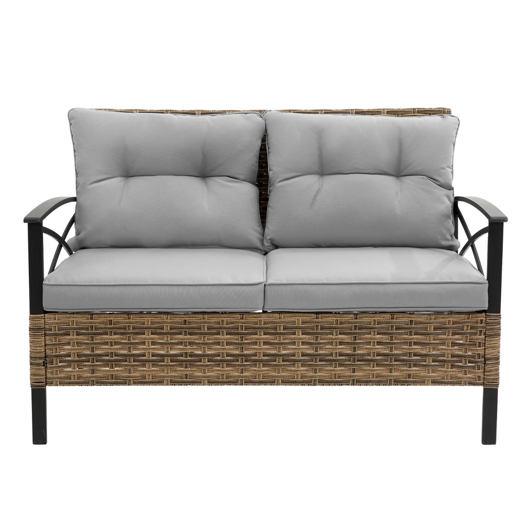Shopi Vella 4 piece patio sectional sofa set with gray cushions and wicker frame loveseat