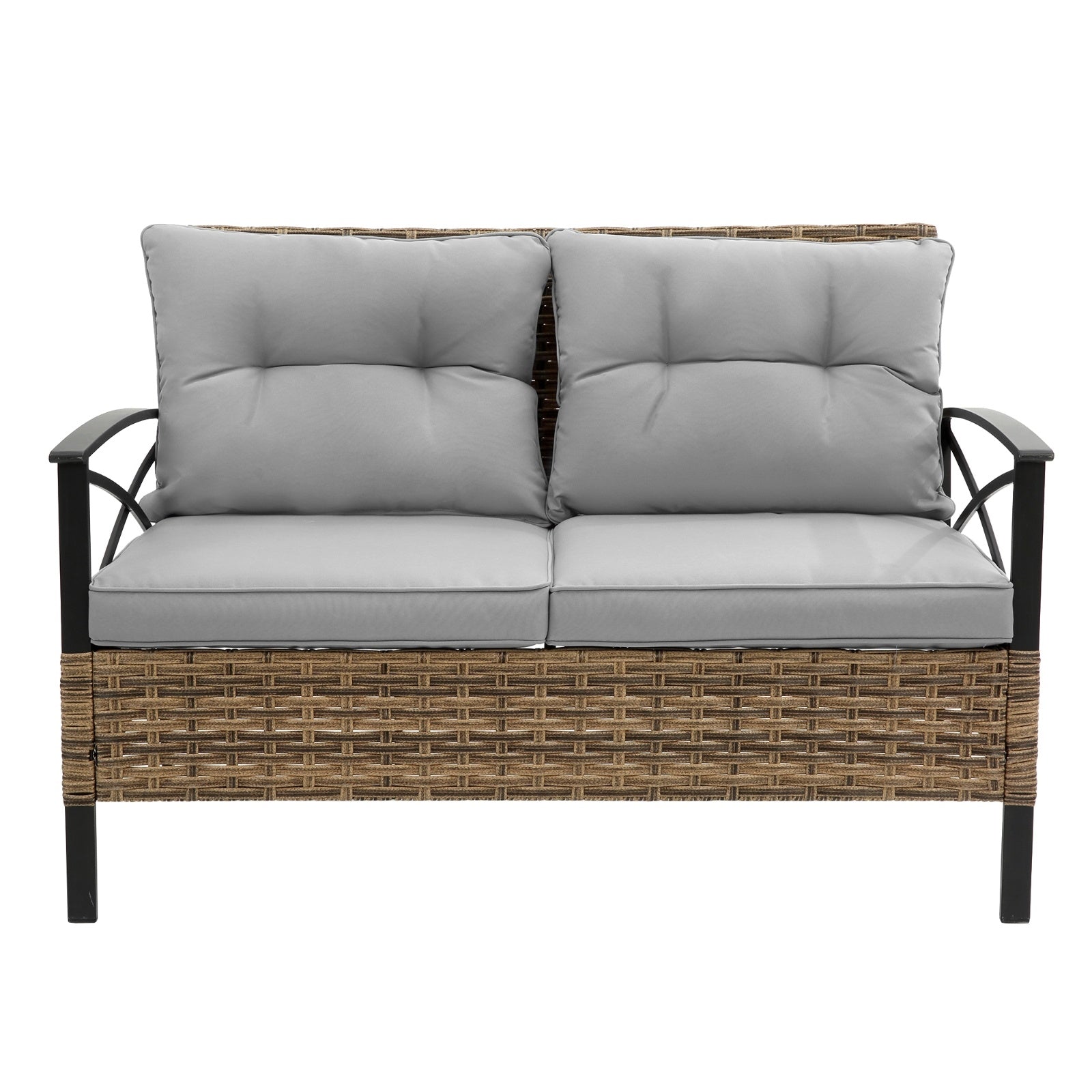 Shopi Vella 4 piece patio sectional sofa set with gray cushions and wicker frame loveseat