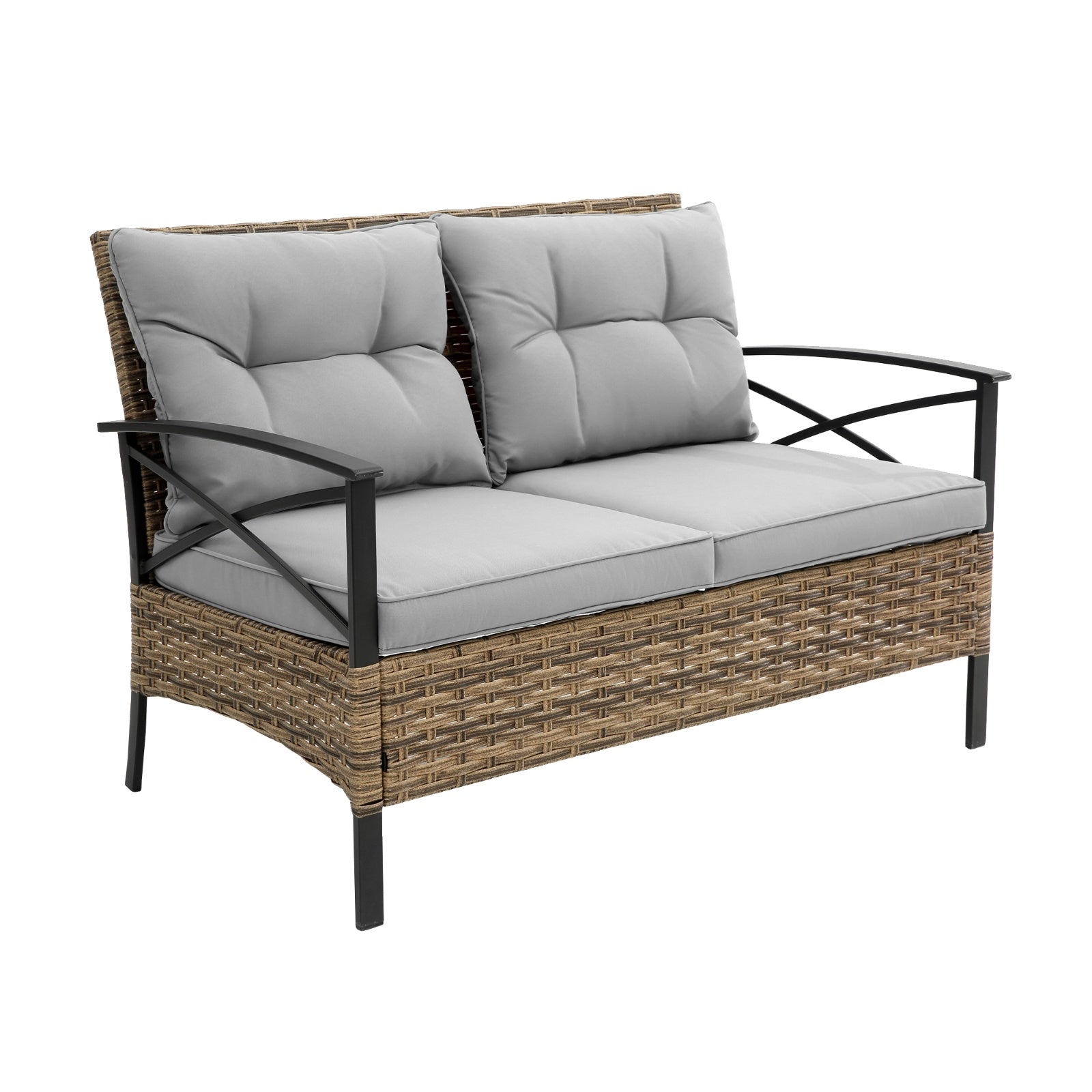 Shopi Vella two-seater sofa with gray cushions and wicker frame for 4 piece patio sectional sofa set