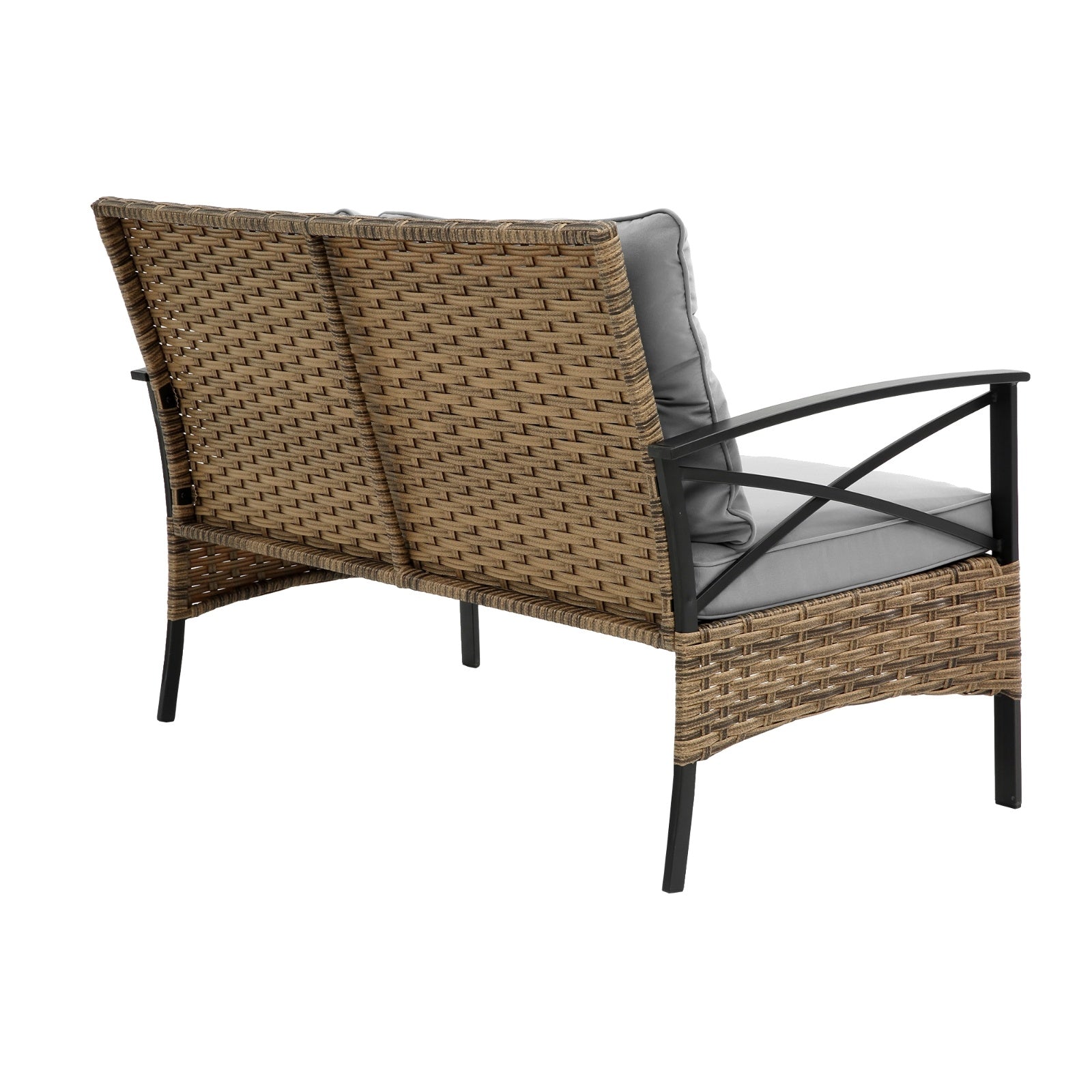 Back view of 4 piece patio sectional sofa set with brown wicker and gray cushions by Shopi Vella