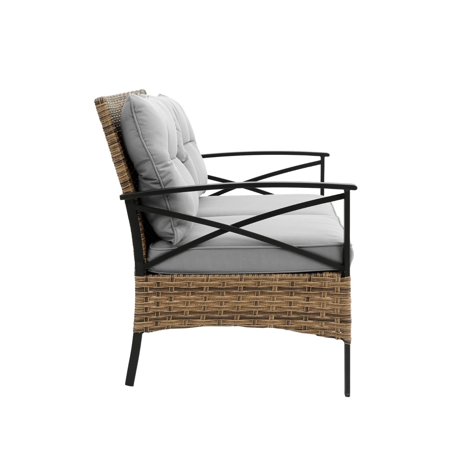 Shopi Vella 4 piece patio sectional sofa set side view with wicker base and gray cushions