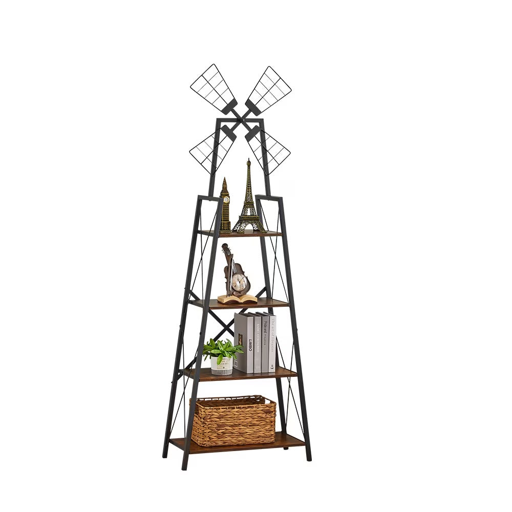 Shopi Vella 4-tier windmill bookshelf with metal frame and wooden shelves for clothing and wardrobe storage