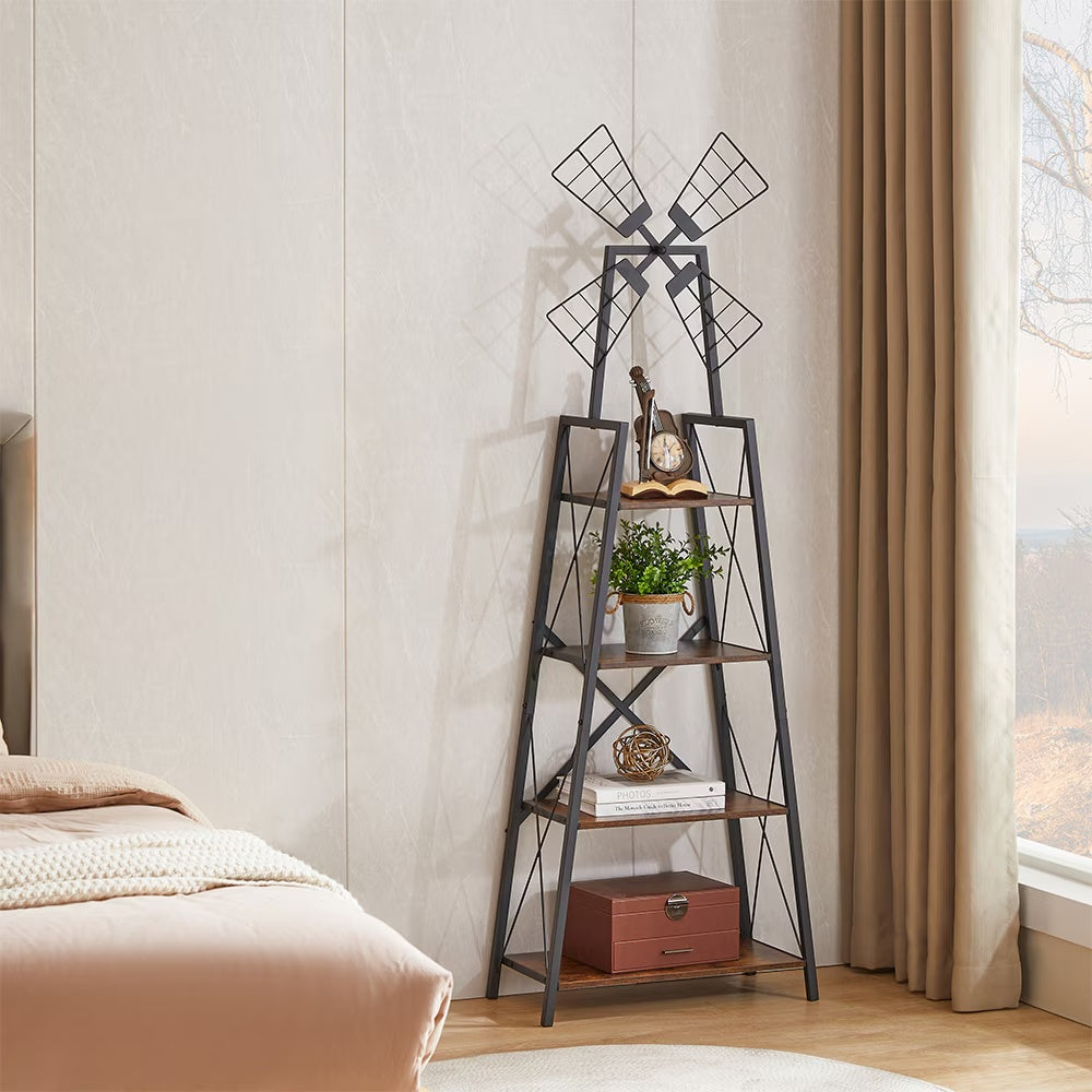 Shopi Vella 4-tier windmill bookshelf with decorative items in a cozy bedroom corner near window and beige curtains