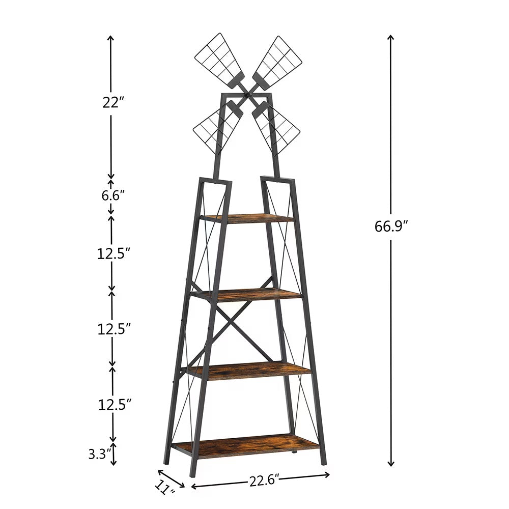 Shopi Vella 4-tier windmill bookshelf with metal frame and wooden shelves measuring 66.9 inches tall