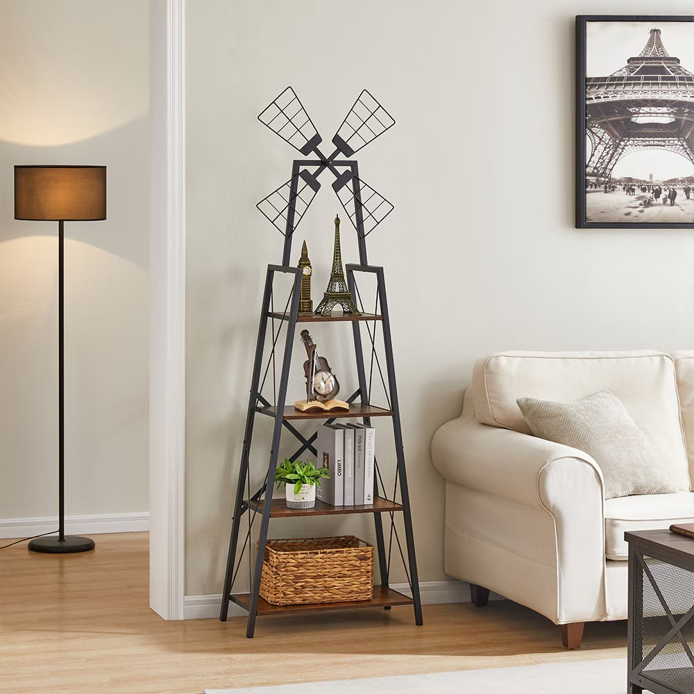 Shopi Vella 4-tier windmill bookshelf with metal frame and wooden shelves holding decor and books