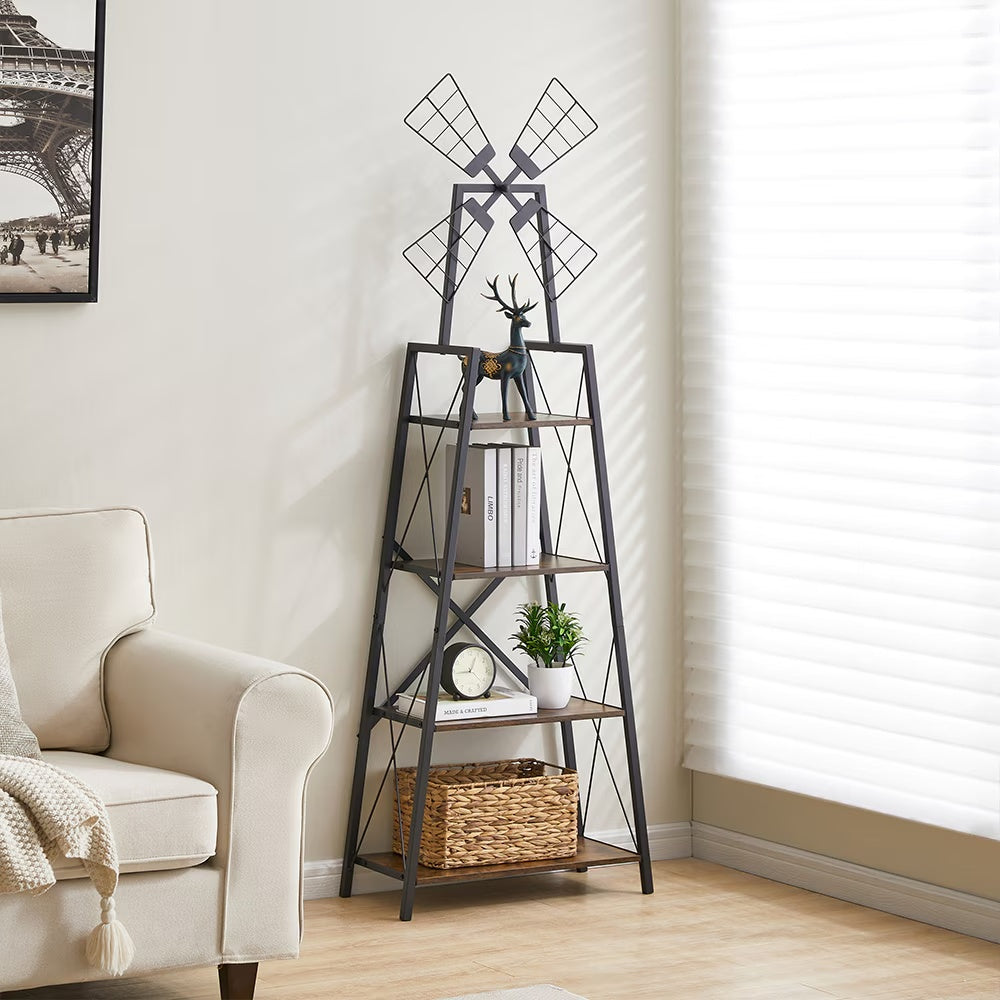 Shopi Vella 4-tier windmill bookshelf with metal frame and wooden shelves in living room